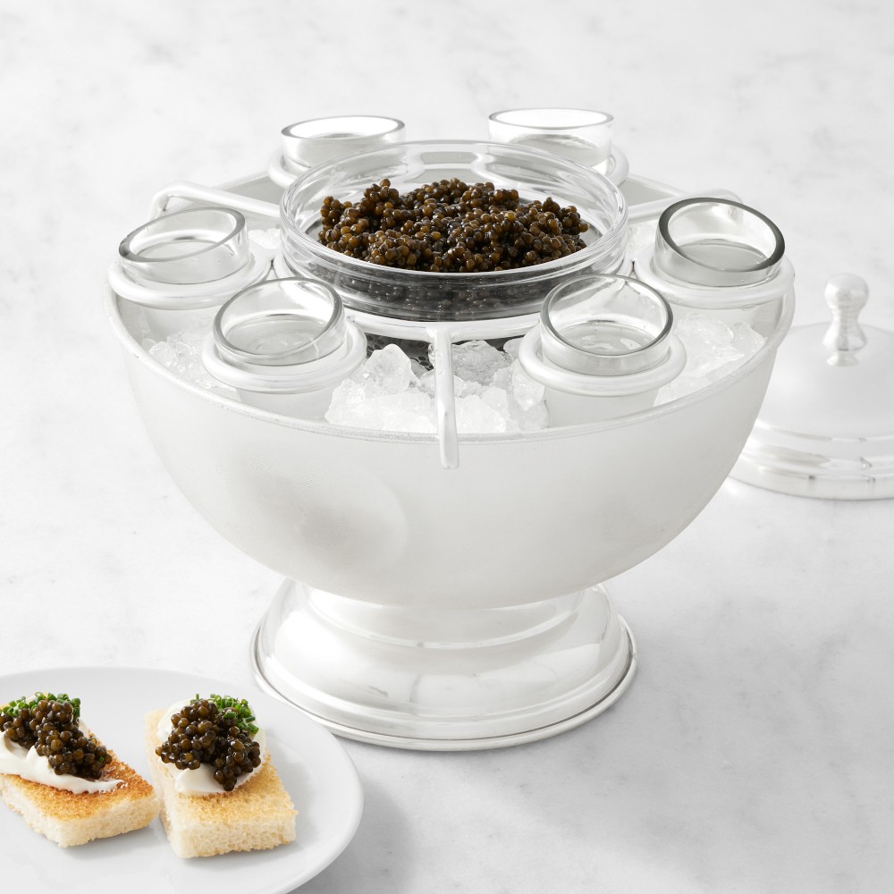 Heirloom Silver Caviar Bowl with Shot Glasses
