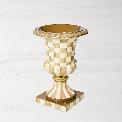 Mackenzie Childs Mocha Check Pedestal Urn