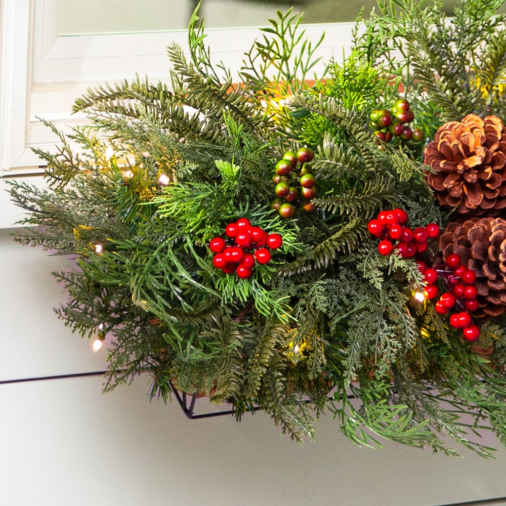 Outdoor Faux Winter Evergreen Window Box