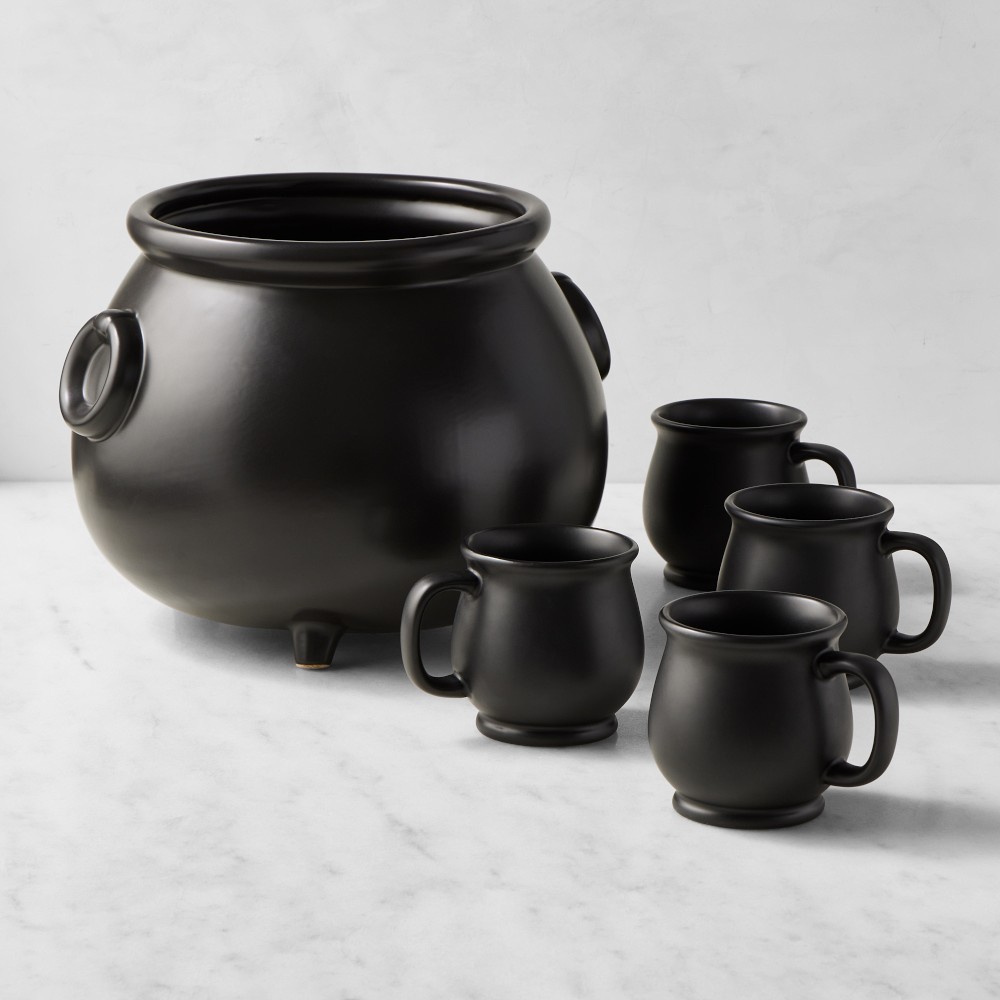 Black Cauldron Serving Bowl & Set of 4 Mugs