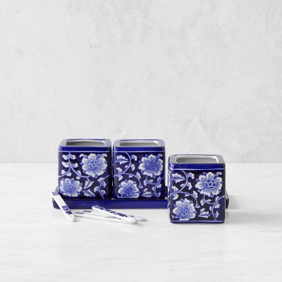 Blue & White Ceramic Herb Tray with Pots & Plant Markers, Set of 3