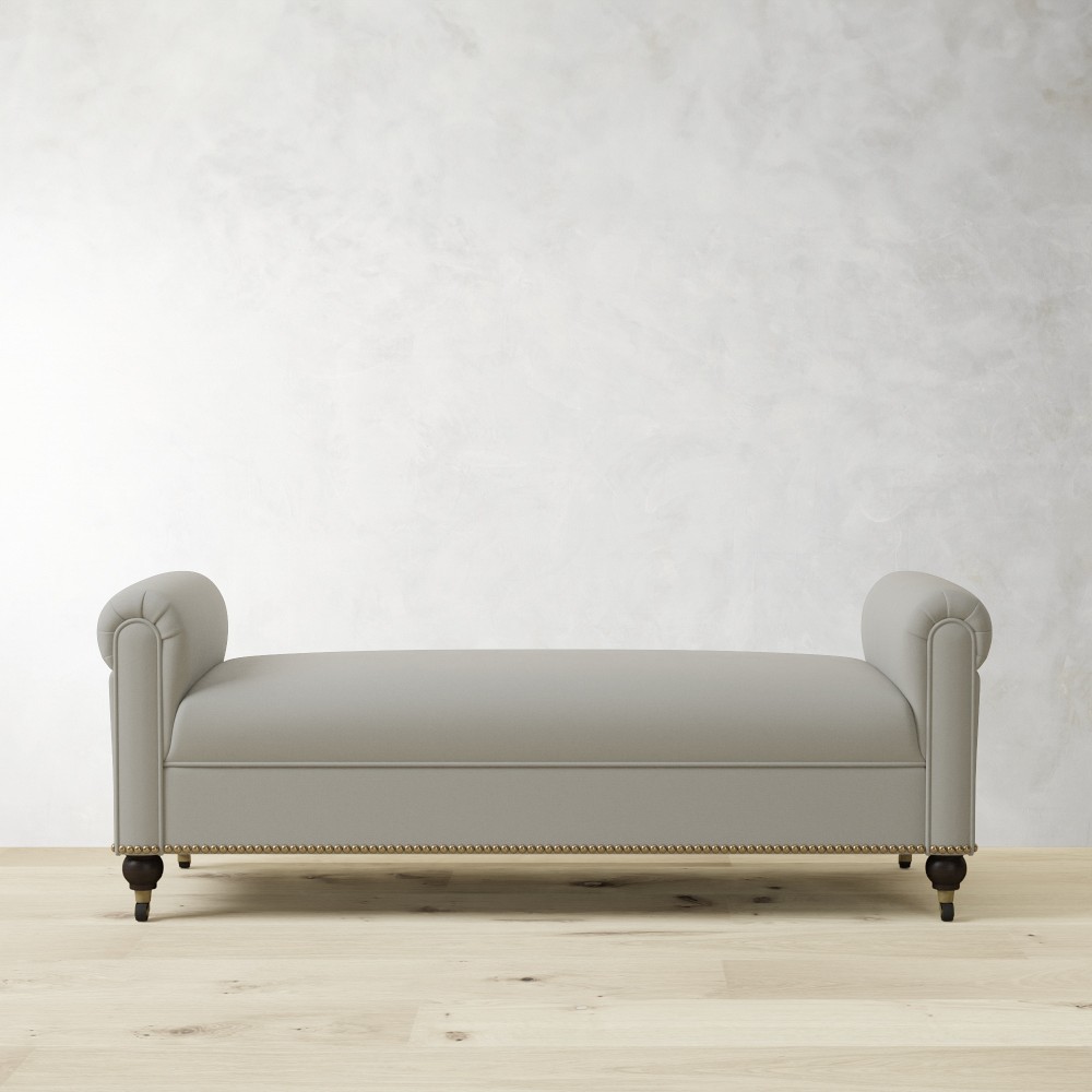 OPEN BOX: Soho Roll Arm Bench NH, Standard, Performance Velvet, Grey, Antique Brass