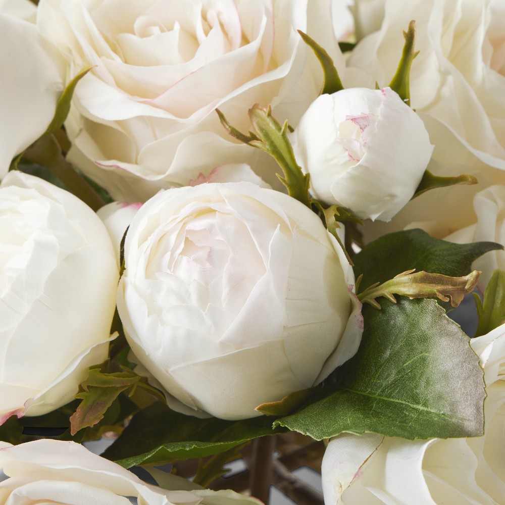 Faux White Rose Arrangement in Square Vase