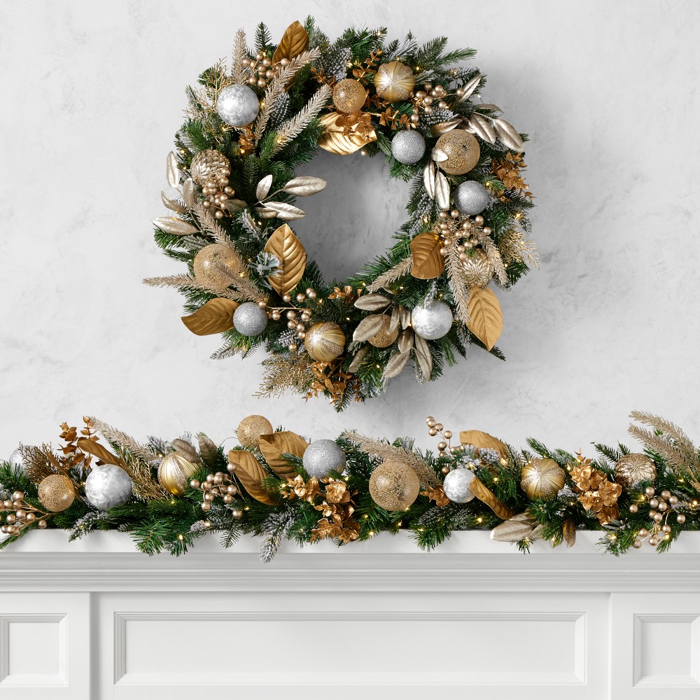 Gilded Champagne Ornament Pre-Lit Faux Wreath & Garland