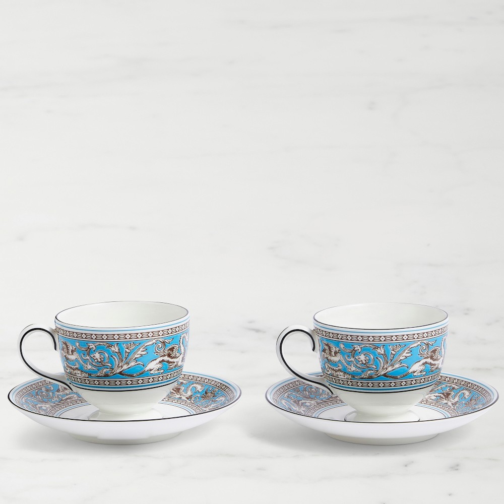 Wedgwood Florentine Turquoise Cups & Saucers, Set of 2