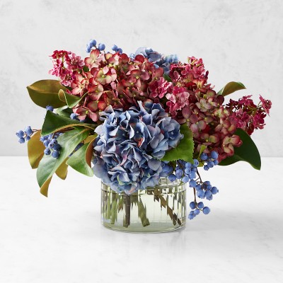 Faux Blue & Purple Hydrangea Arrangement in Glass Vase
