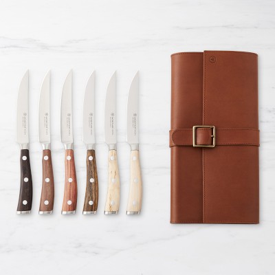 Wüsthof Ikon Mixed Wood Steak Knives with Leather Knives Roll, Set of 6