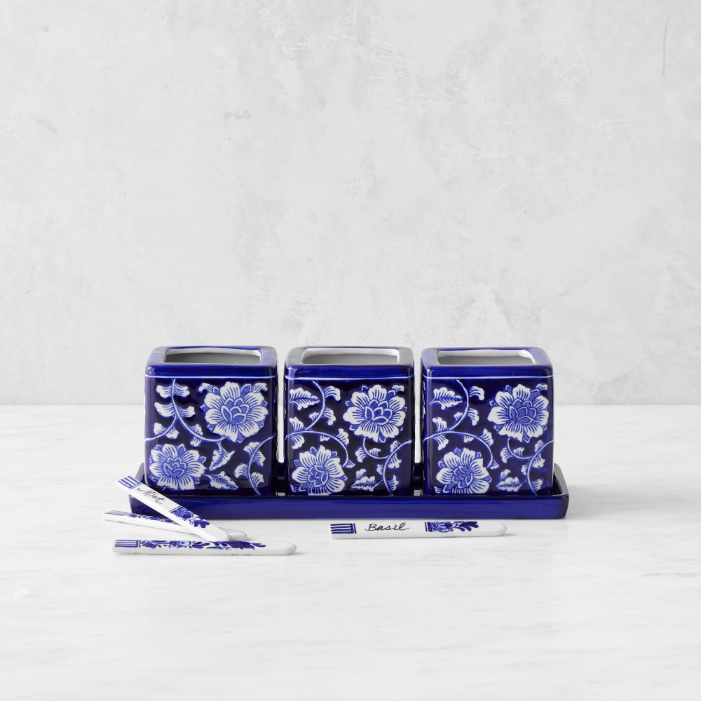 Blue & White Ceramic Herb Tray with Pots & Plant Markers, Set of 3