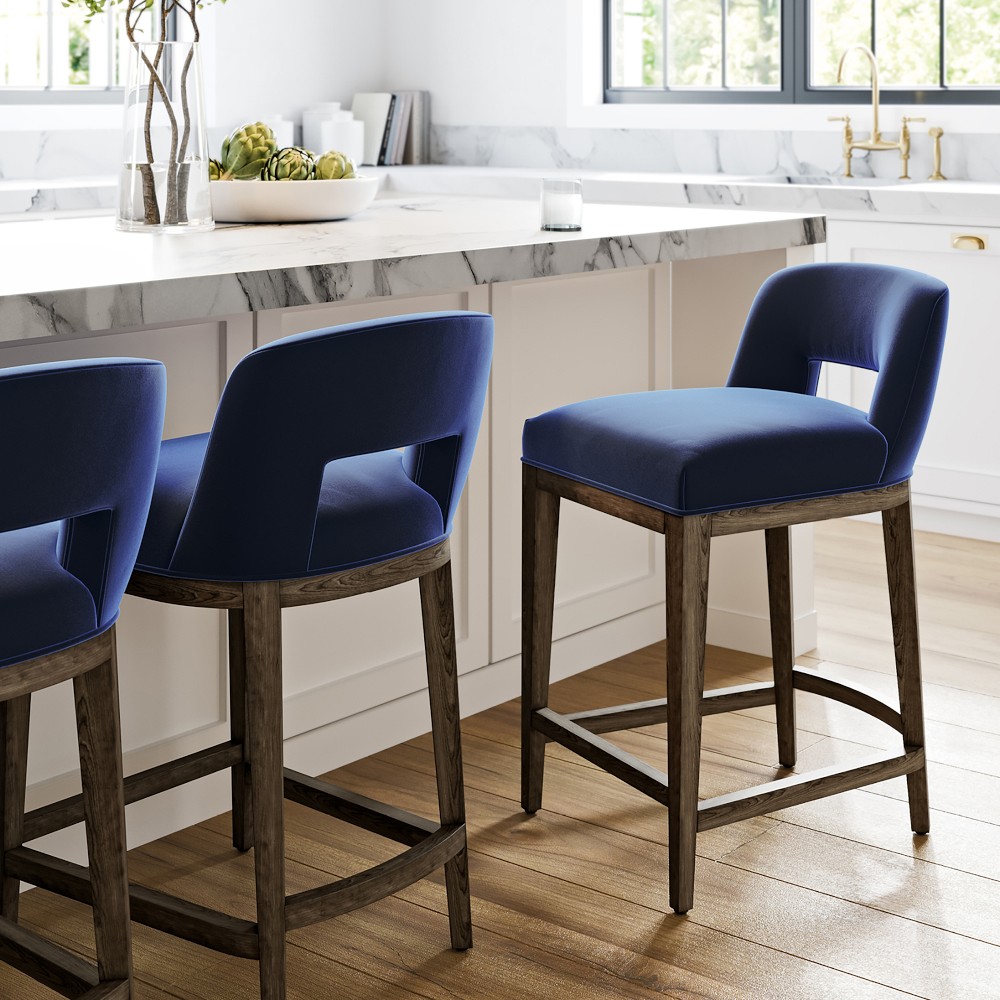 Saratoga Upholstered Curved Back Counter & Bar Stool, Velvet, Lapis