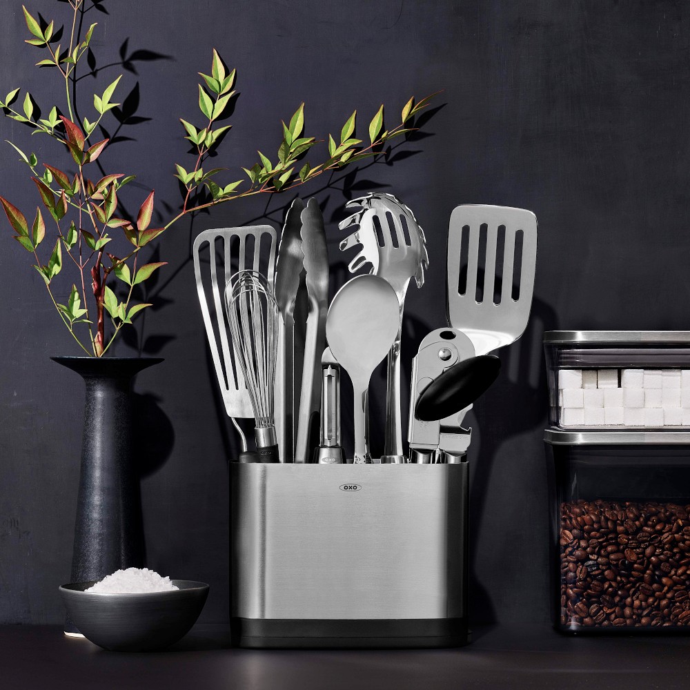OXO Stainless-Steel Utensils with Utensil Holder, Set of 15