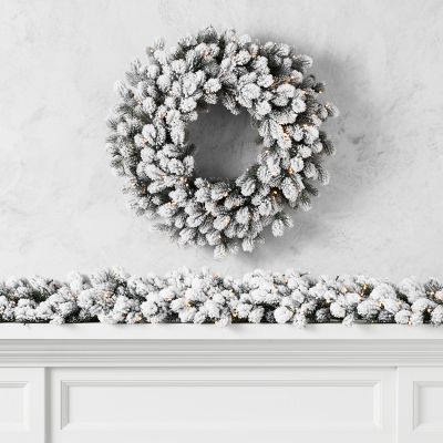 Jeff Leatham x Williams Sonoma Winter White Flocked Pre-Lit Wreath & Garland