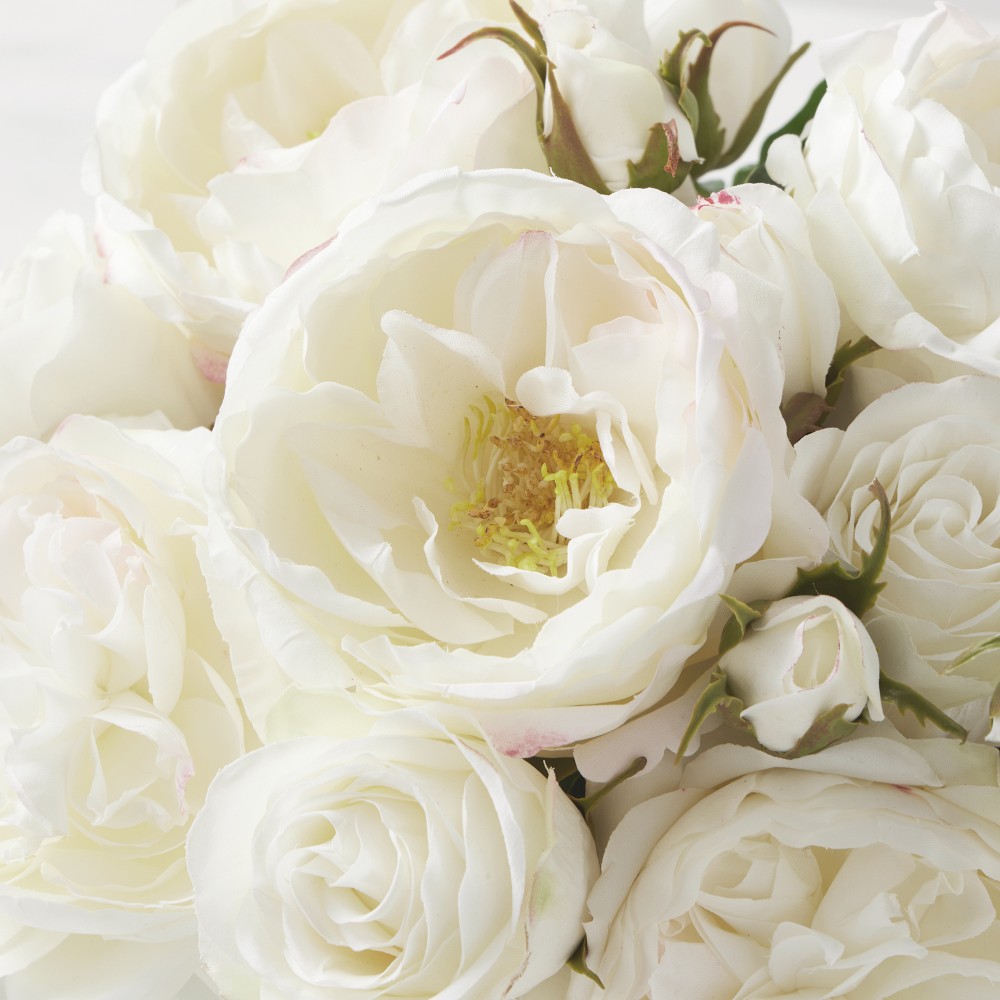 Faux White Rose Arrangement in Small Square Vase