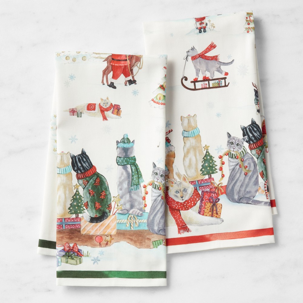 Holiday Cats Tea Towels, Set of 2