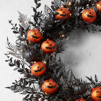 Pre-Lit Jack O'Lantern & Black Pumpkin Faux Wreath, 28