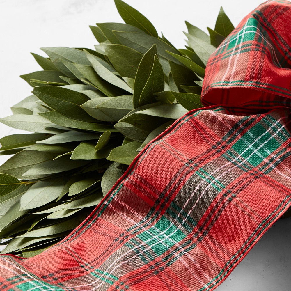 Bay Leaf Square Live Wreath with Tartan Ribbon, 16