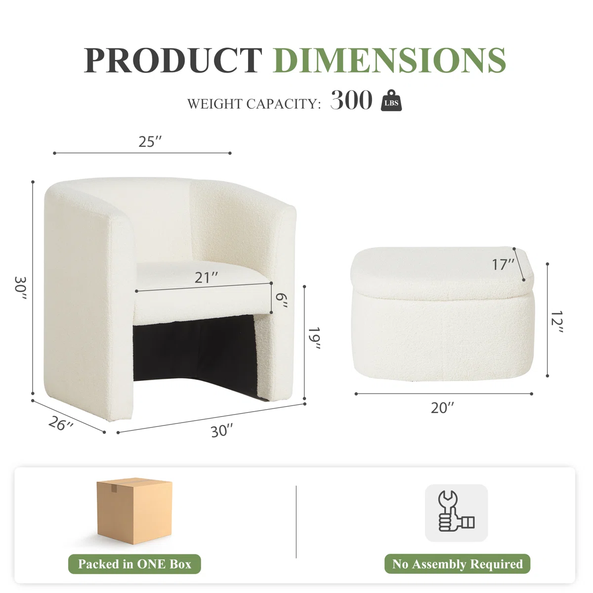 Boucle Chair with Storage Ottoman Set