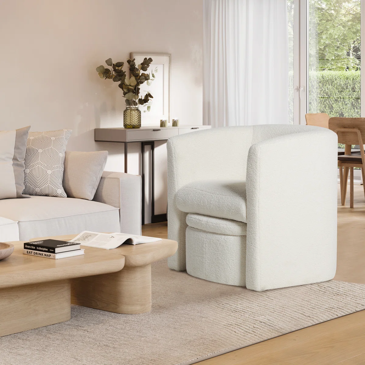 Boucle Chair with Storage Ottoman Set