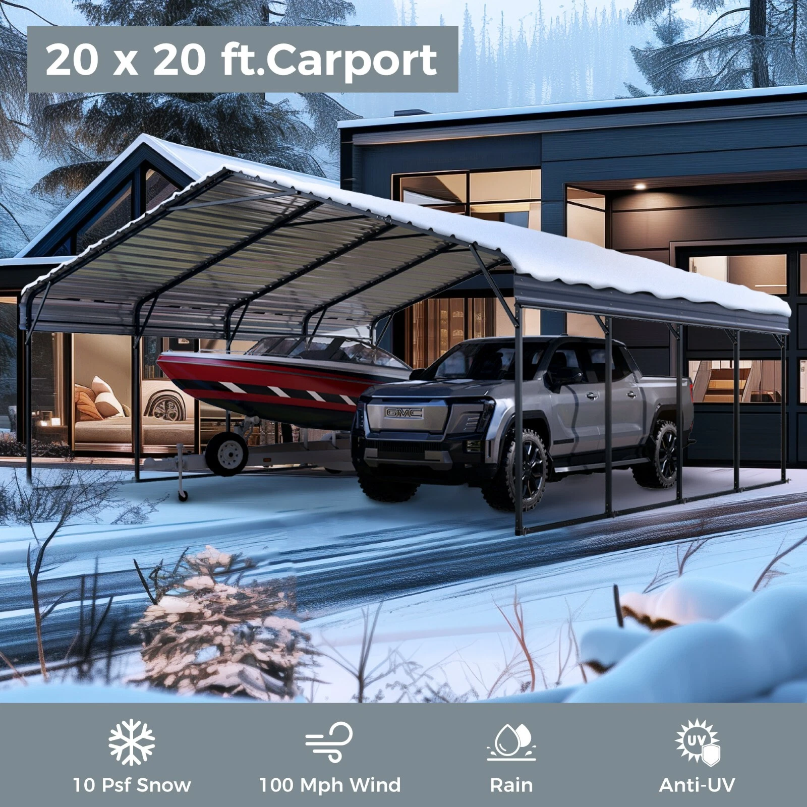20' x 20' Outdoor Carport Metal Carport with Galvanized Steel Roof With Sidewall