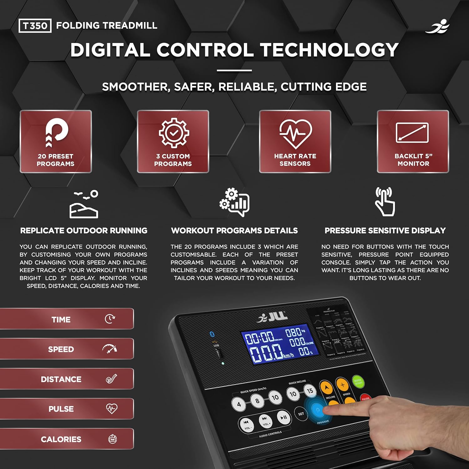 JLL T350 Digital Folding Treadmill, 2025 New Generation Digital Control 4.5HP Motor, 20 Incline Levels,0.3km/h to 18km/h, 20 Programmes, Bluetooth & Speakers