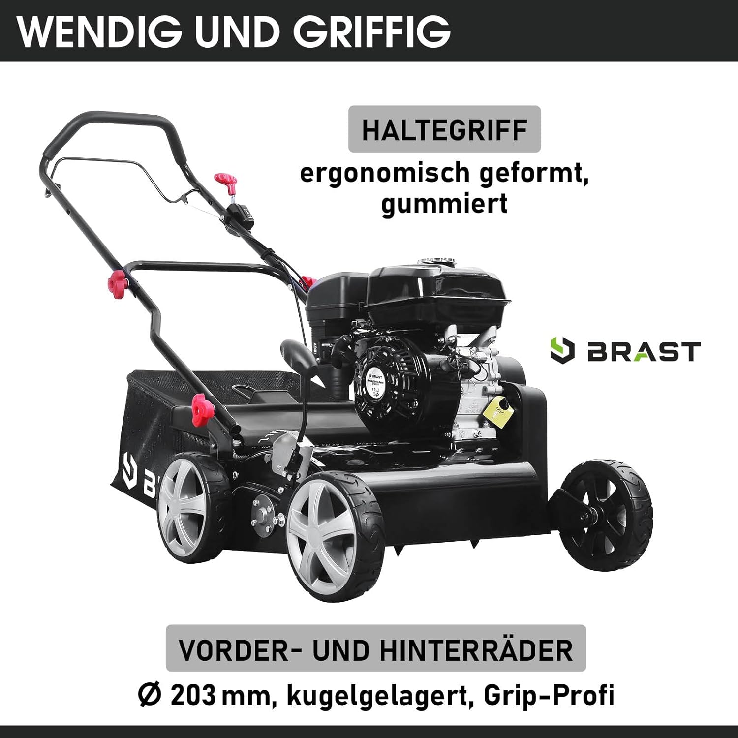 BRAST® BRB-RV-45212 Scarifier Petrol 4.5 kW (6.12 HP) 4-Stroke Engine 212 cc 40-45 cm Working Width TÜV Tested 50 L Collection Basket Many Models for Small to Very Large Lawns