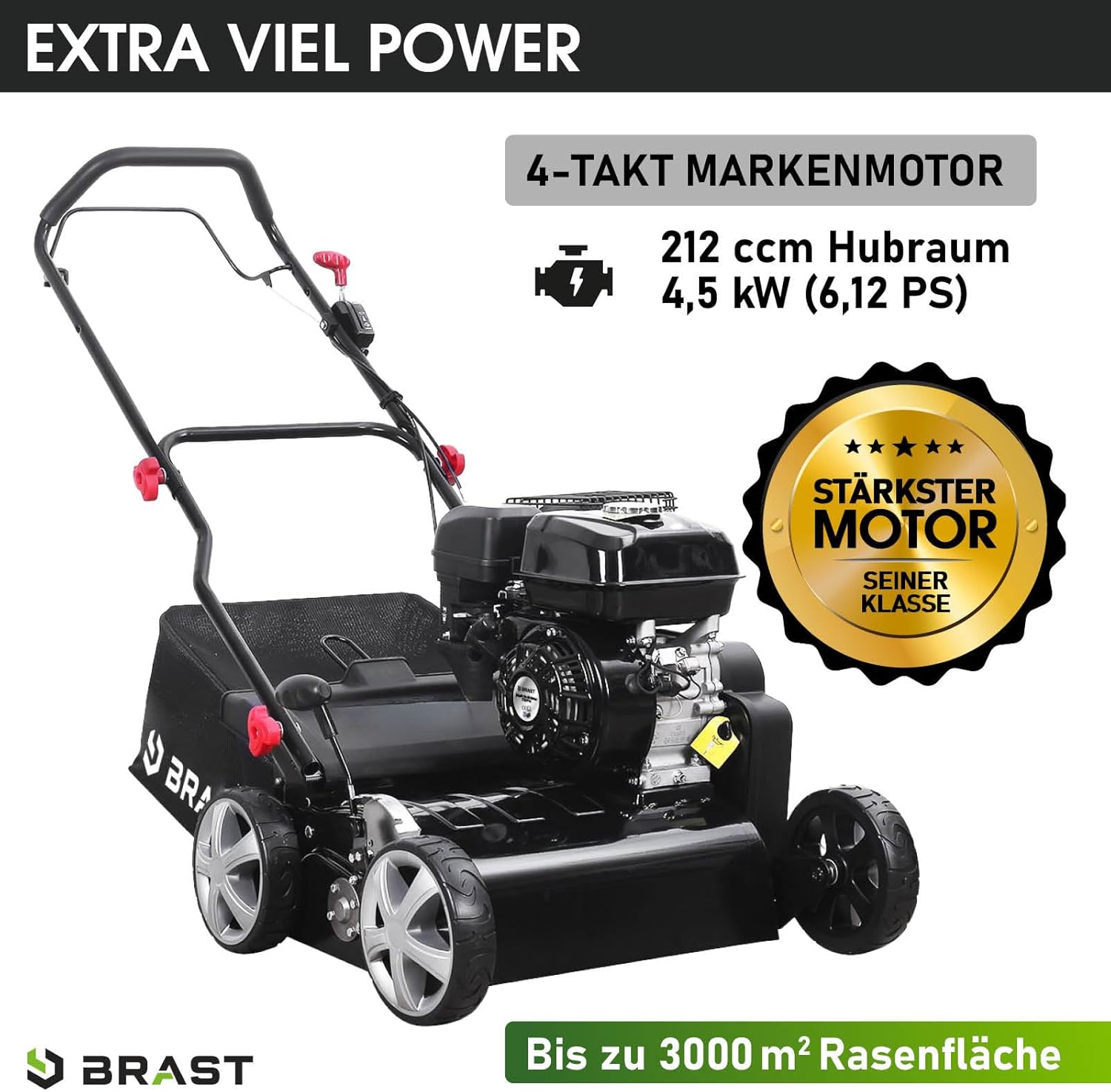 BRAST® BRB-RV-45212 Scarifier Petrol 4.5 kW (6.12 HP) 4-Stroke Engine 212 cc 40-45 cm Working Width TÜV Tested 50 L Collection Basket Many Models for Small to Very Large Lawns