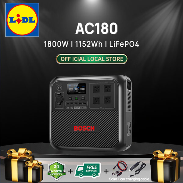 Solárny generátor BOSCH AC180, záložná batéria 1152 Wh LiFePO4 so 4 AC zásuvkami s výkonom 1800 W (špička 2700 W), 0 – 80 % za 45 minút, na kempovanie, prácu mimo siete a pri výpadku prúdu.