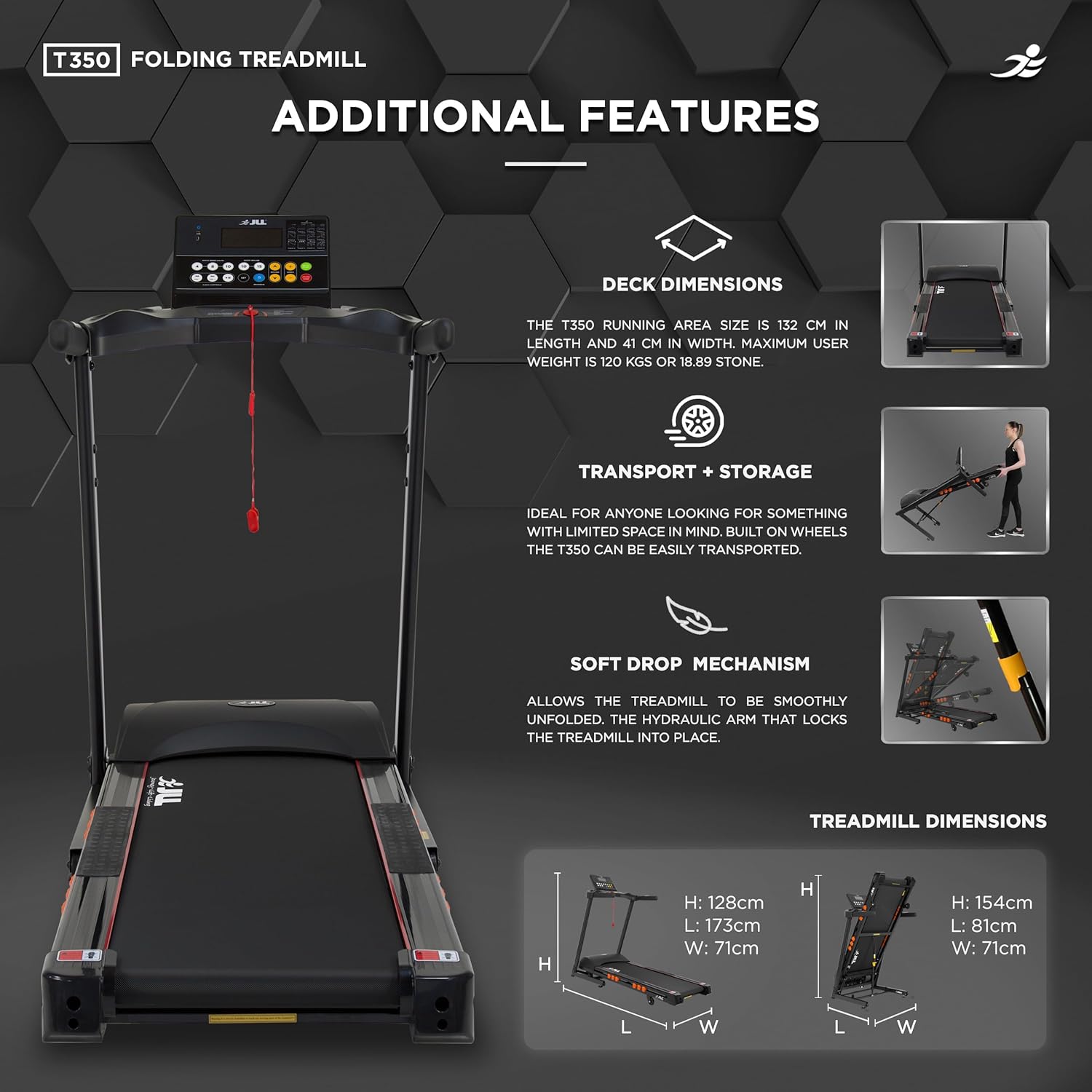 JLL T350 Digital Folding Treadmill, 2025 New Generation Digital Control 4.5HP Motor, 20 Incline Levels,0.3km/h to 18km/h, 20 Programmes, Bluetooth & Speakers