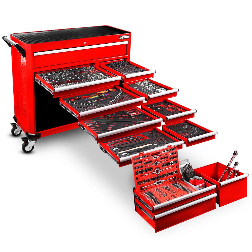 Daytona 655 Piece Mechanical Tool Set with 43 12 Drawer Red Roller Cabinet