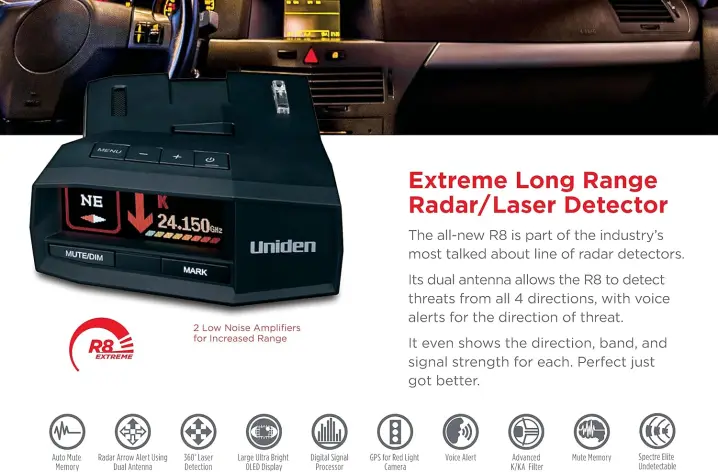 UNIDEN R8 Extreme Long-Range Radar/Laser Detector, Dual-Antennas Front & Rear Detection w/Directional Arrows, Built-in GPS w/Real-Time Alerts, Voice Alerts, Red Light Camera and Speed Camera Alerts