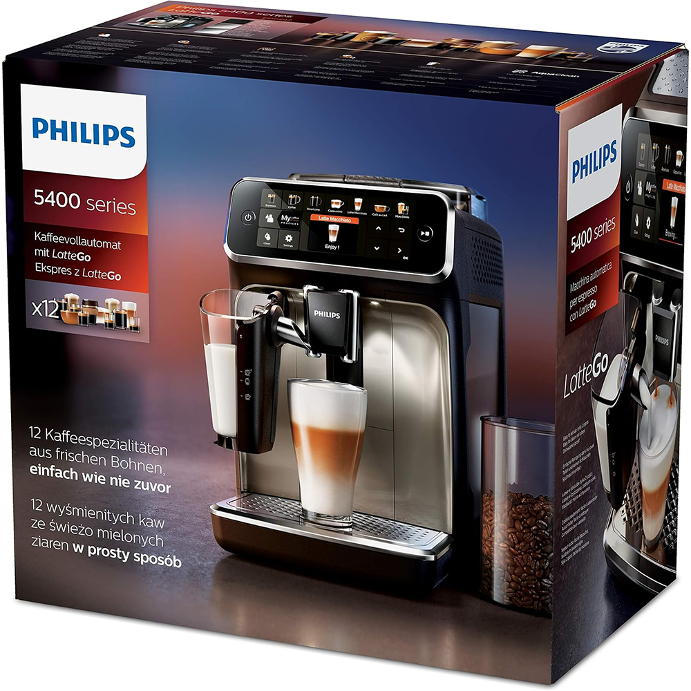 Philips Series 5400 Kaffeevollautomat – LatteGo Milchsystem, 12 Kaffeespezialitäten, Intuitives Display, 4 Benutzerprofile, Chrom