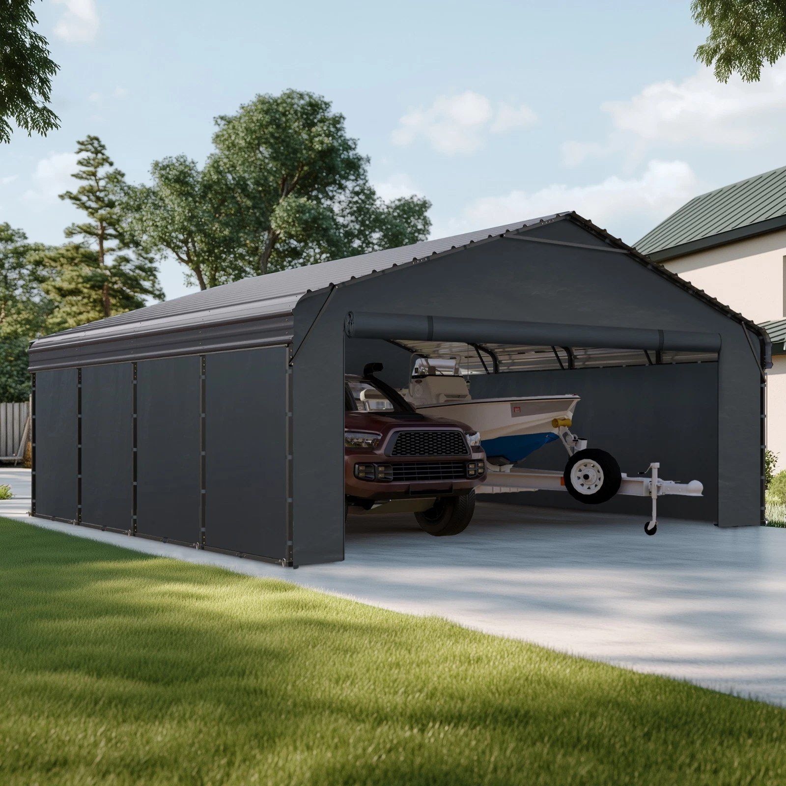 20' x 20' Outdoor Carport Metal Carport with Galvanized Steel Roof With Sidewall