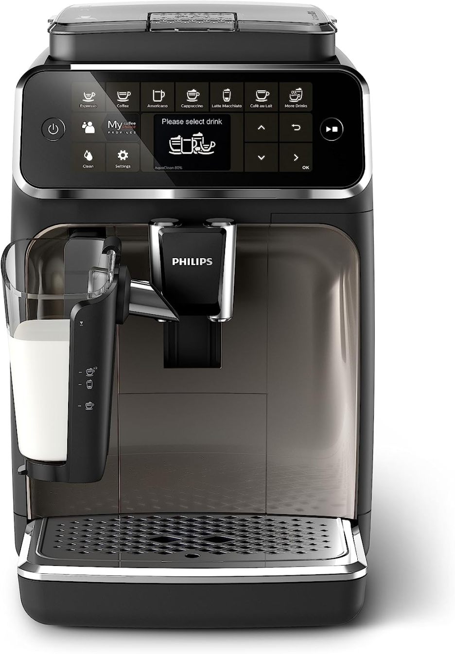 Philips 4300 Series fully automatic espresso machine - LatteGo milk frother, 8 coffee varieties, intuitive touch display, black, (EP4347/94)