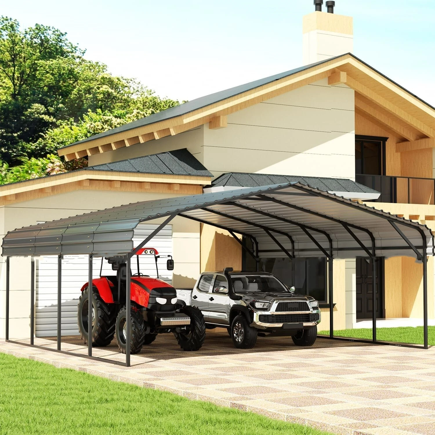 20' x 20' Outdoor Carport Metal Carport with Galvanized Steel Roof With Sidewall