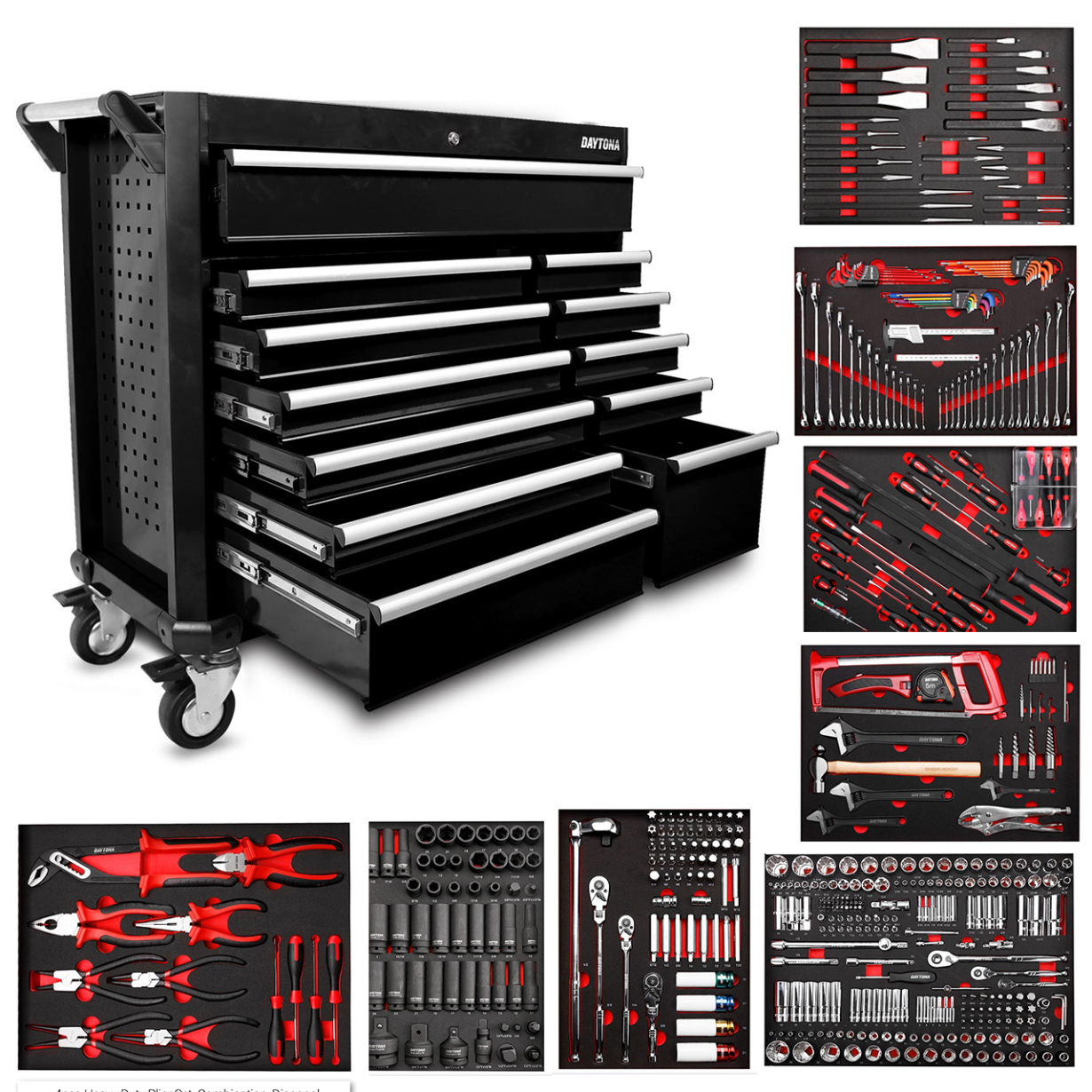 Daytona 655 Piece Mechanical Tool Set with 43 12 Drawer Red Roller Cabinet