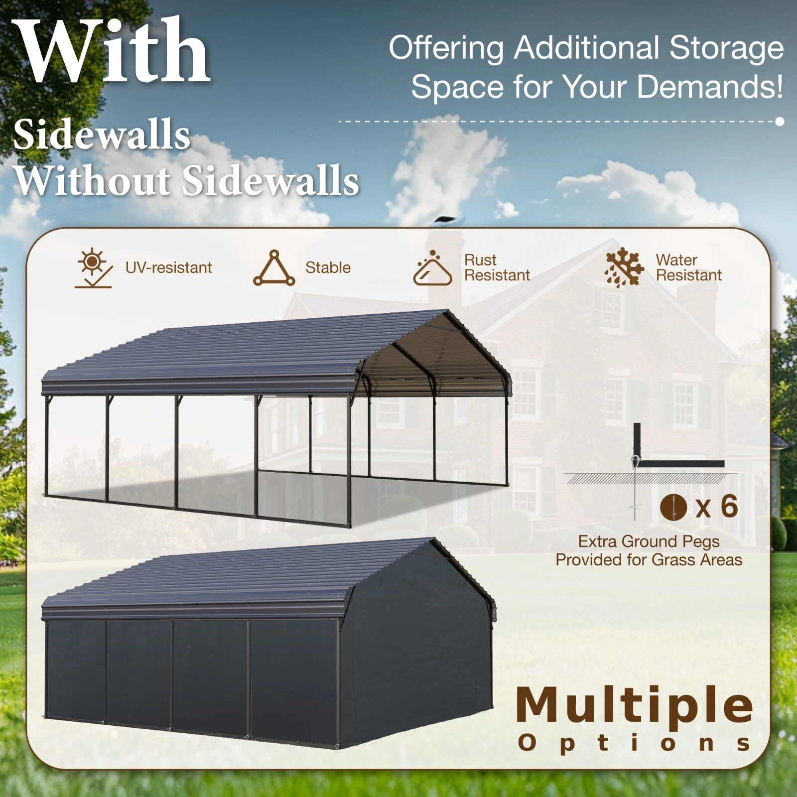 20' x 20' Outdoor Carport Metal Carport with Galvanized Steel Roof With Sidewall