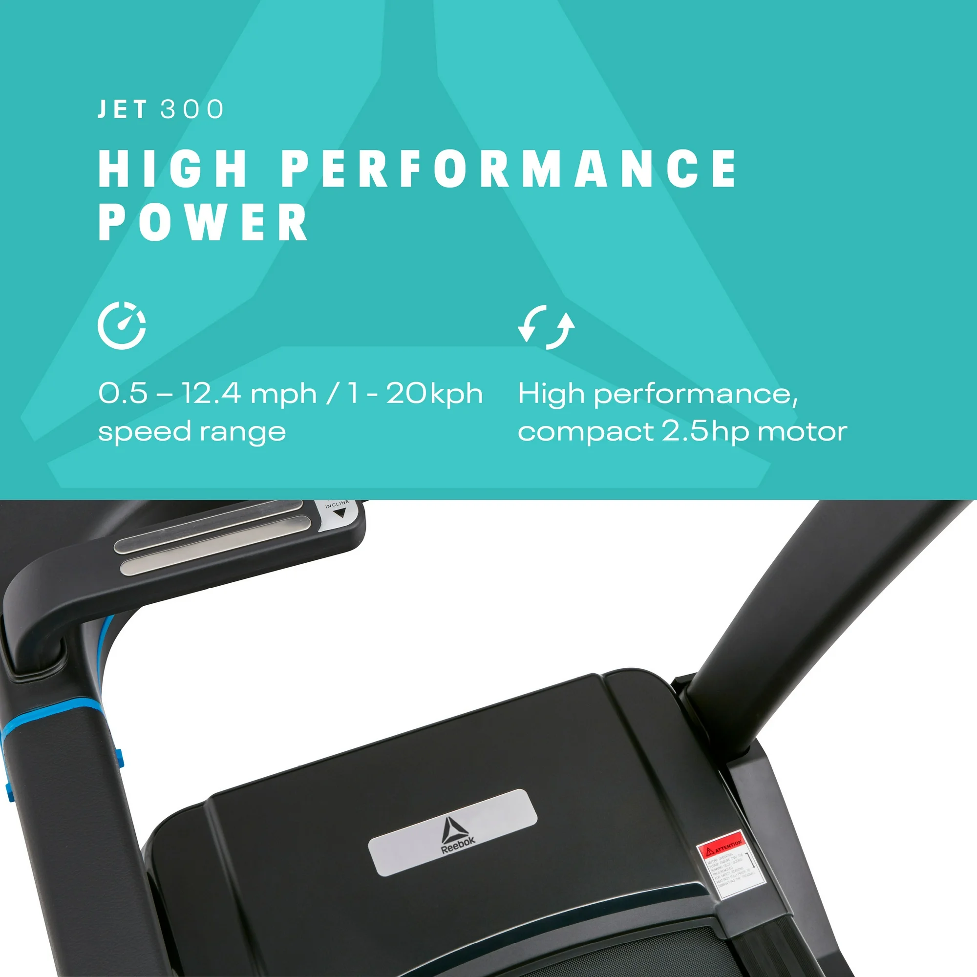 Reebok Jet 300 Series Treadmill with Incline, Foldable, Bluetooth, Walking or Running, 2.5 HP, 12.4 MPH, 308 lb. Capacity