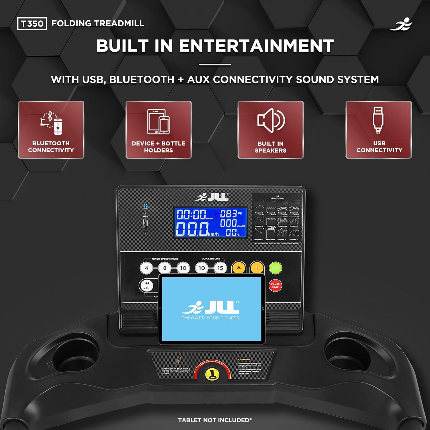 JLL T350 Digital Folding Treadmill, 2025 New Generation Digital Control 4.5HP Motor, 20 Incline Levels,0.3km/h to 18km/h, 20 Programmes, Bluetooth & Speakers