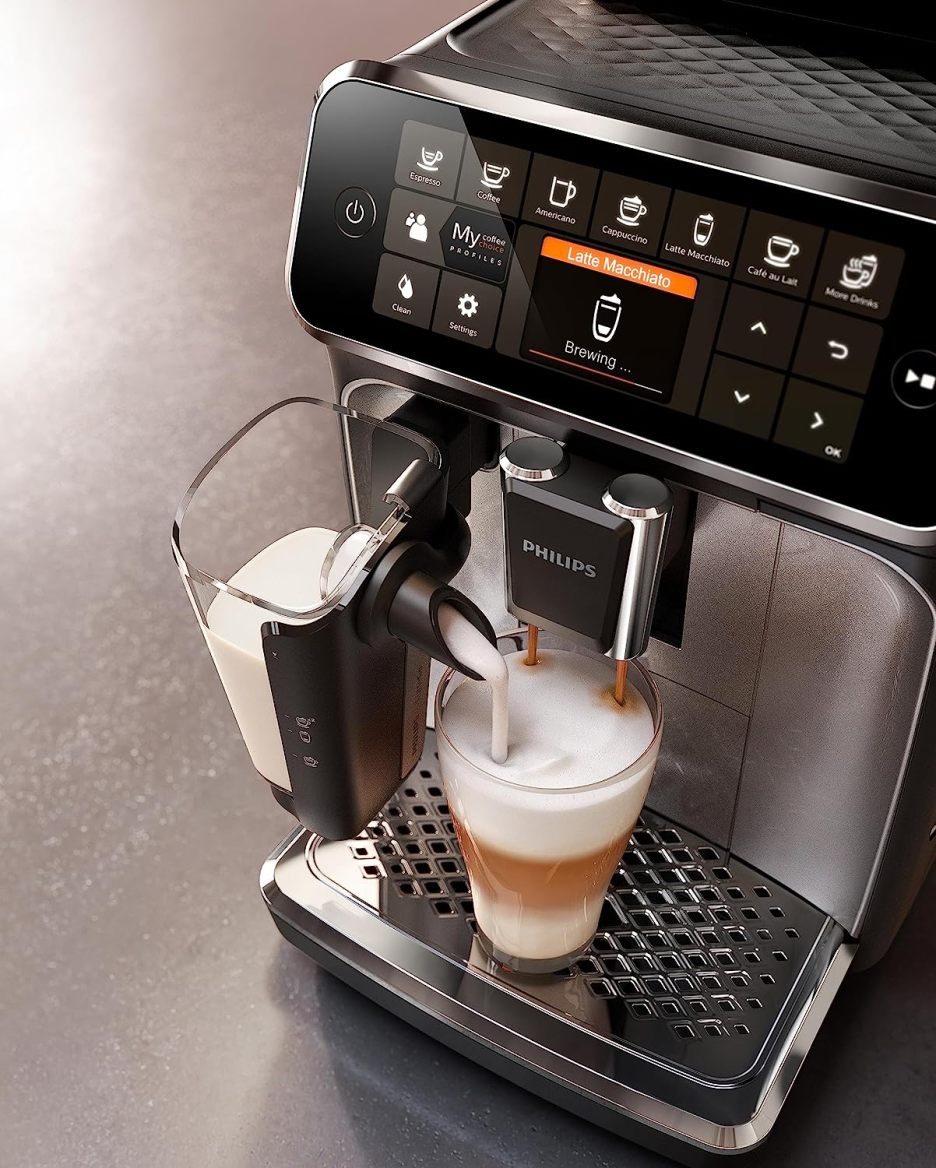 Philips 4300 Series fully automatic espresso machine - LatteGo milk frother, 8 coffee varieties, intuitive touch display, black, (EP4347/94)