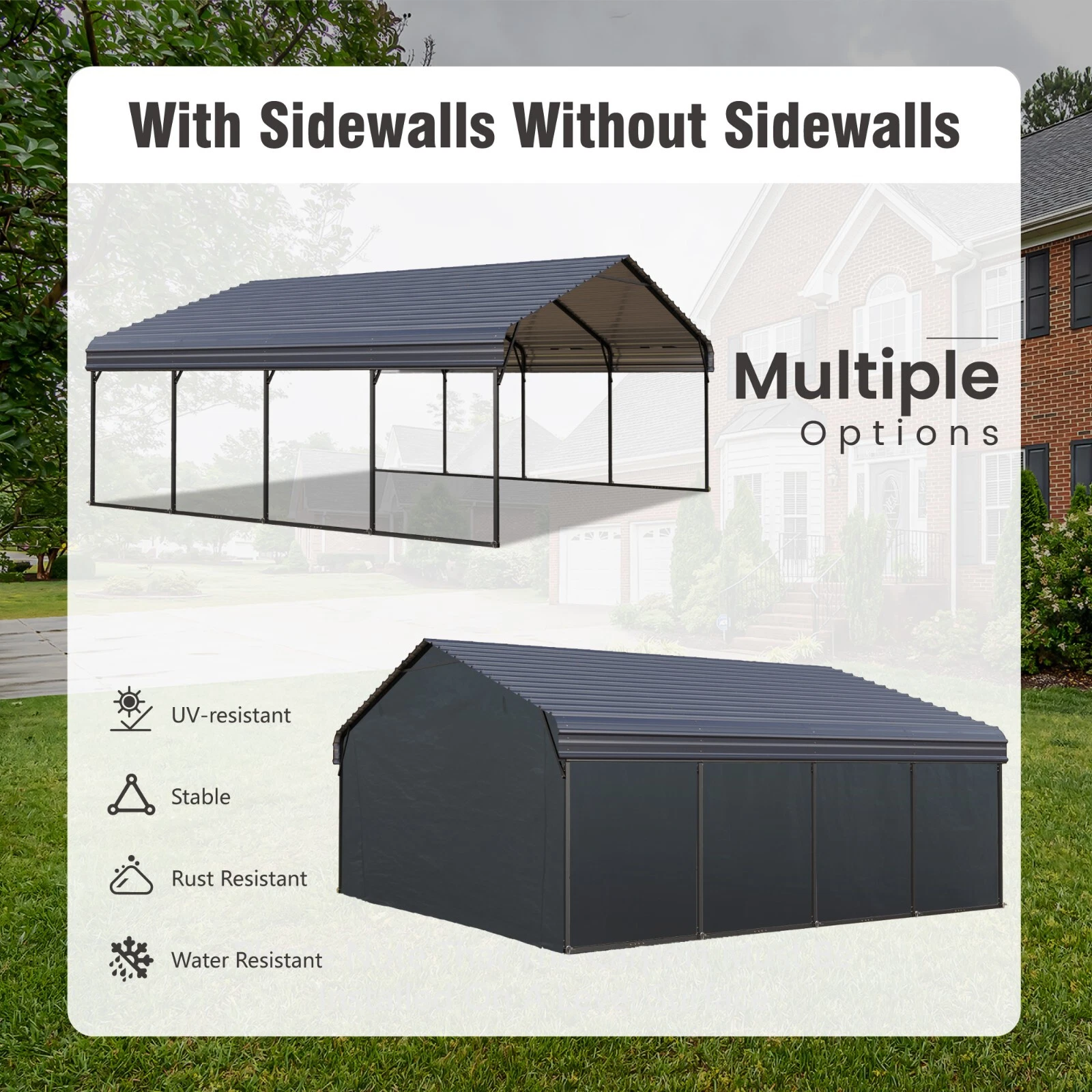 20' x 20' Outdoor Carport Metal Carport with Galvanized Steel Roof With Sidewall