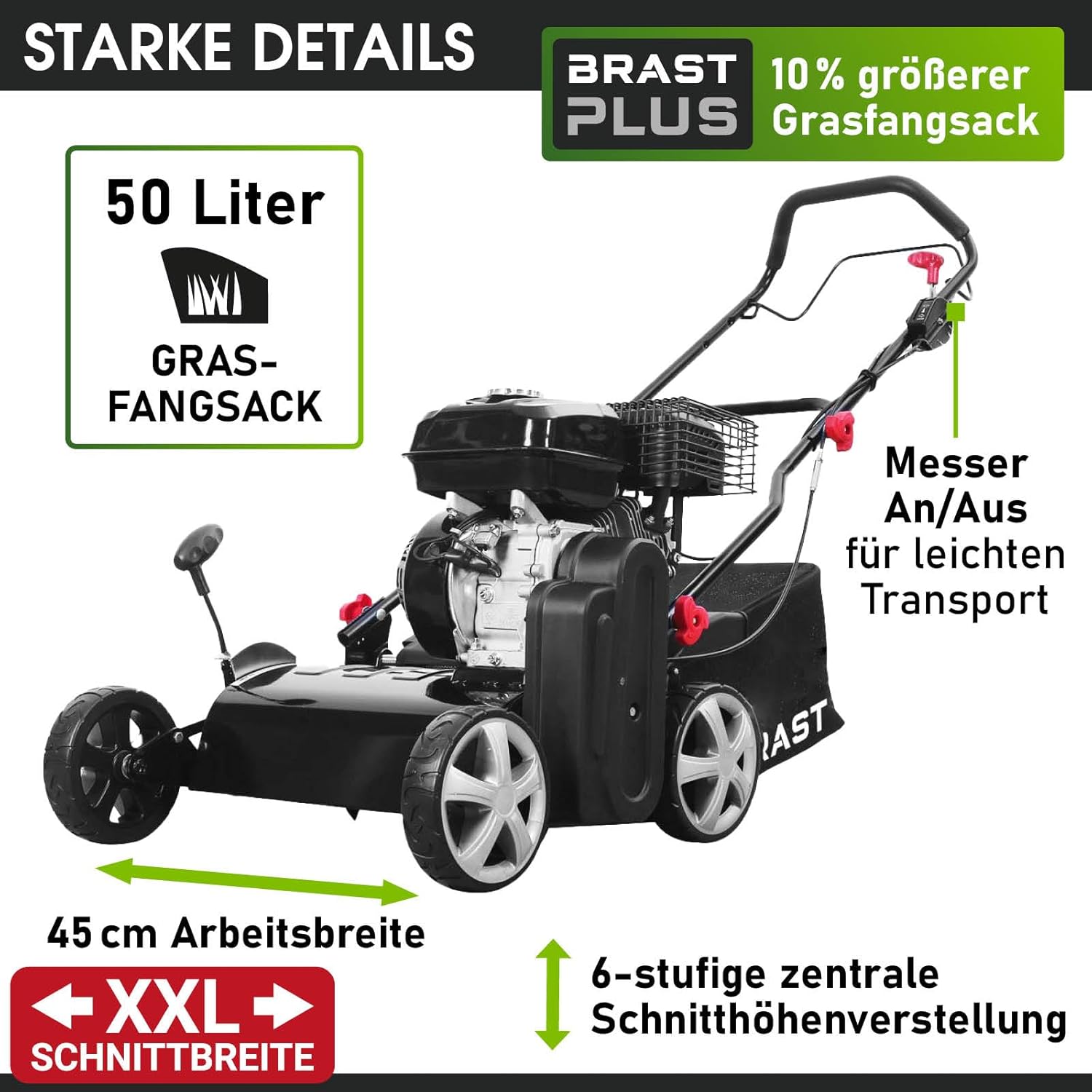 BRAST® BRB-RV-45212 Scarifier Petrol 4.5 kW (6.12 HP) 4-Stroke Engine 212 cc 40-45 cm Working Width TÜV Tested 50 L Collection Basket Many Models for Small to Very Large Lawns