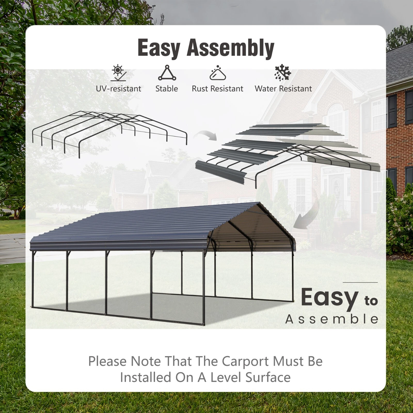 20' x 20' Outdoor Carport Metal Carport with Galvanized Steel Roof With Sidewall
