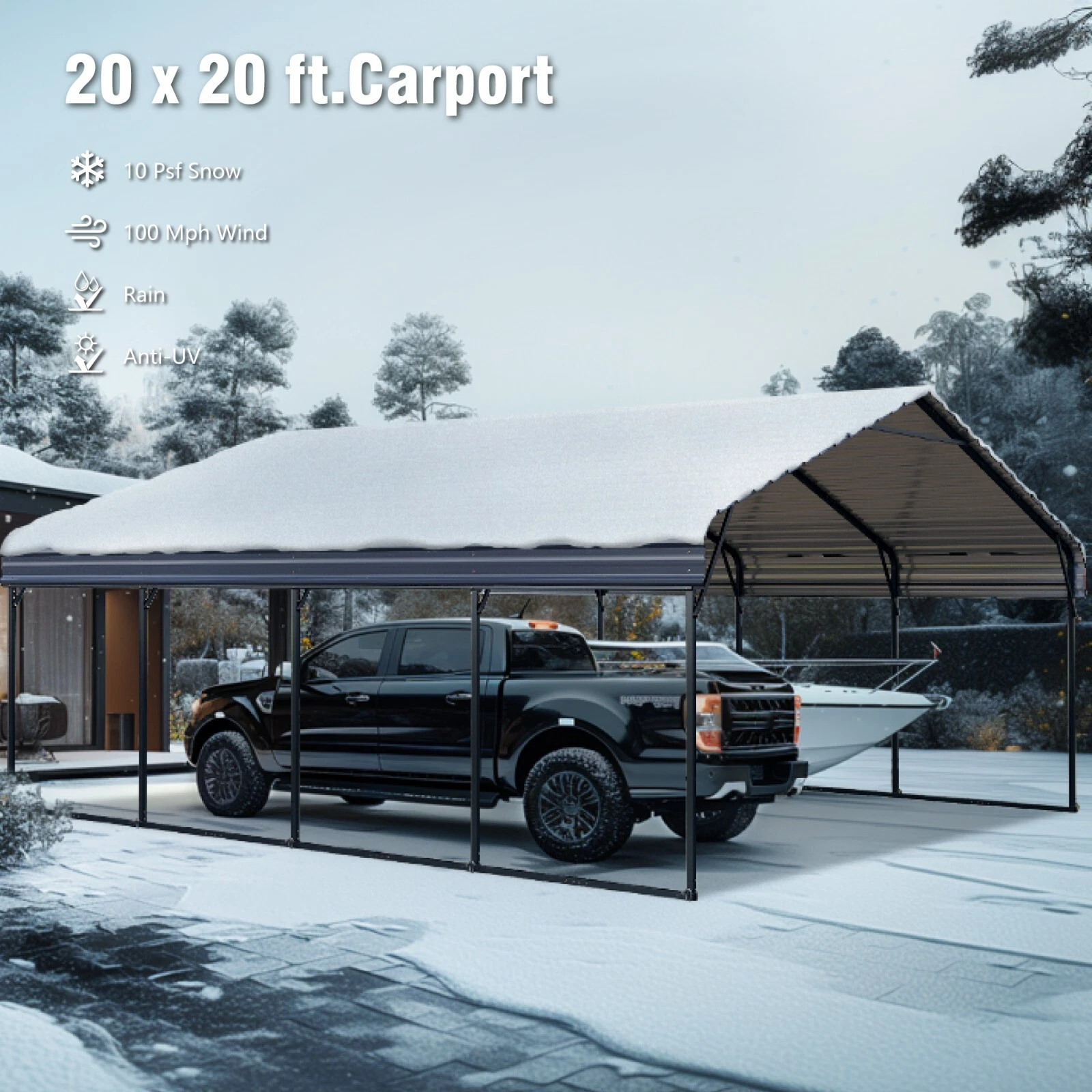 20' x 20' Outdoor Carport Metal Carport with Galvanized Steel Roof With Sidewall