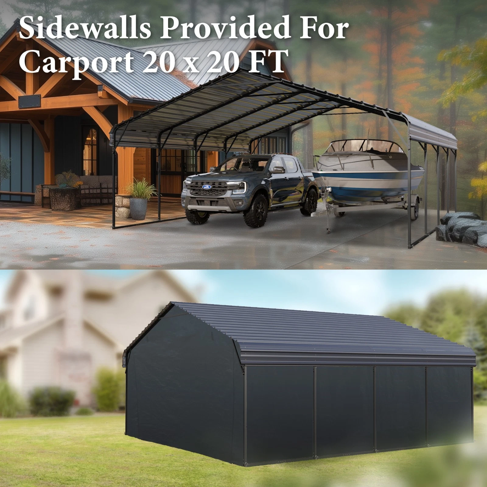 20' x 20' Outdoor Carport Metal Carport with Galvanized Steel Roof With Sidewall