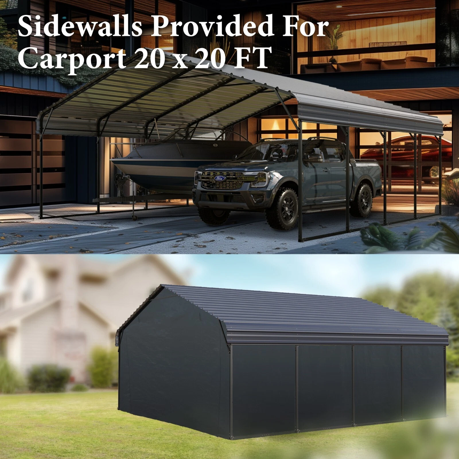 20' x 20' Outdoor Carport Metal Carport with Galvanized Steel Roof With Sidewall