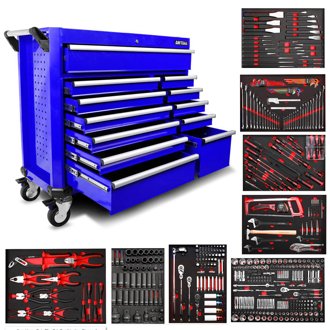 Daytona 655 Piece Mechanical Tool Set with 43 12 Drawer Red Roller Cabinet