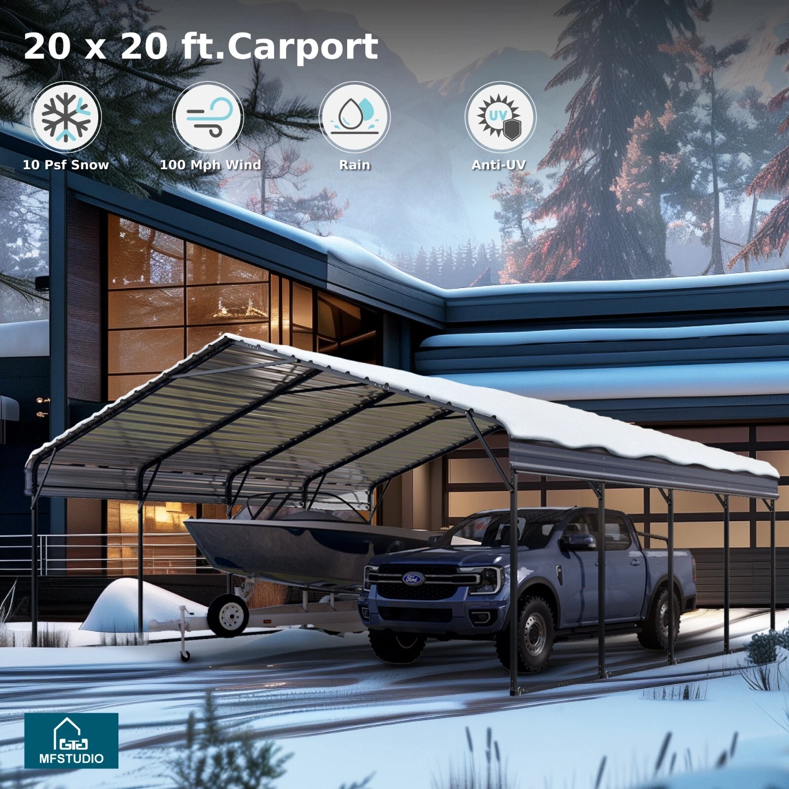 20' x 20' Outdoor Carport Metal Carport with Galvanized Steel Roof With Sidewall