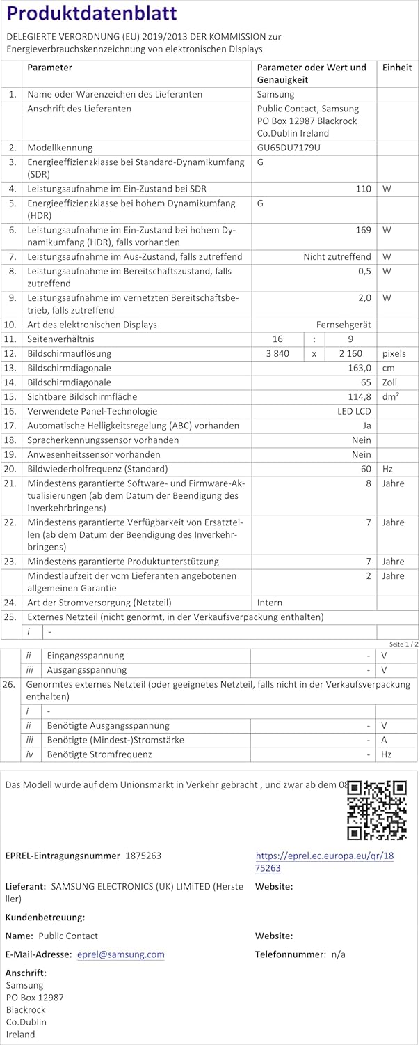 Samsung Crystal UHD 4K DU7179 TV 65 Zoll, Smart TV, Deutsches Model mit HW-C410G Soundbar inkl. integriertem Subwoofer [Energieklasse G]