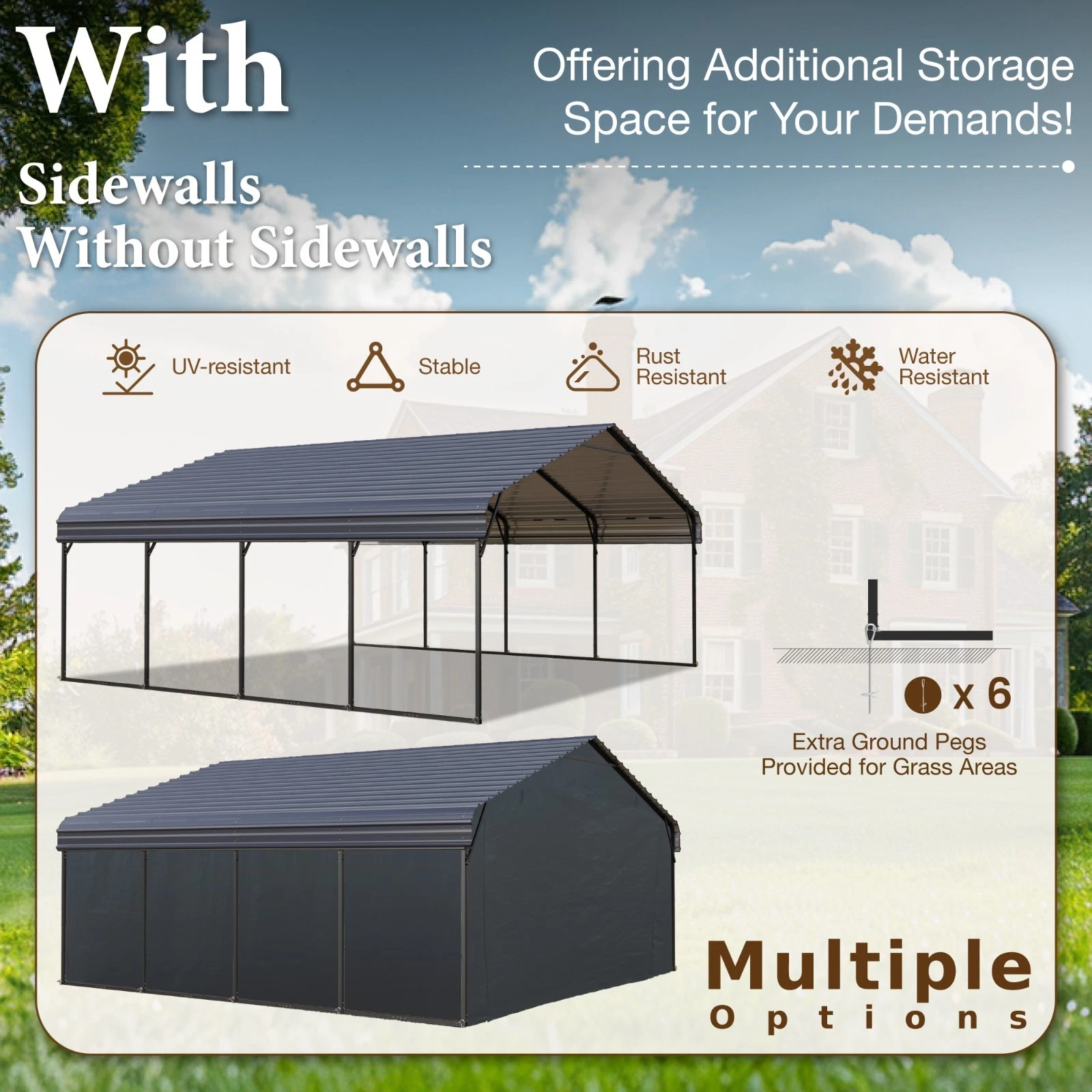 20' x 20' Outdoor Carport Metal Carport with Galvanized Steel Roof With Sidewall