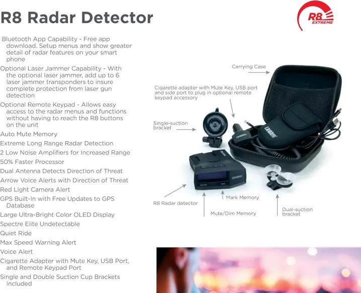 UNIDEN R8 Extreme Long-Range Radar/Laser Detector, Dual-Antennas Front & Rear Detection w/Directional Arrows, Built-in GPS w/Real-Time Alerts, Voice Alerts, Red Light Camera and Speed Camera Alerts