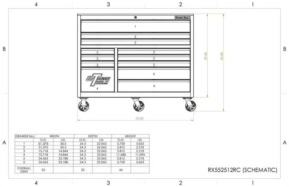 EXTREME TOOLS RX SERIES 55 12-DRAWER ROLLER WITH HUTCH AND SIDE BOXES
